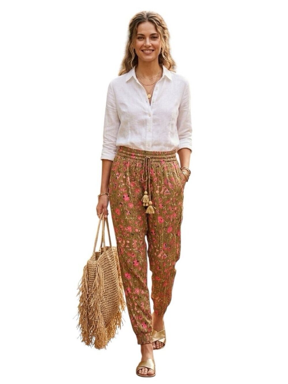 HEMANT AND NANDITA Vim Jogger Pant Floral Metallic Stripe Drawstring Size Medium